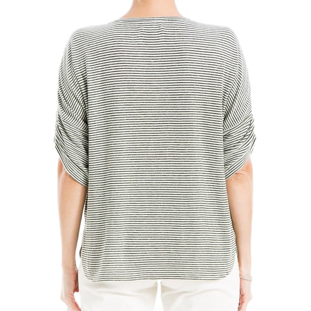NWT Max Studio Linen-Blend Crinkle Stripe Knit Cinched Sleeve Top - Picture 4 of 4